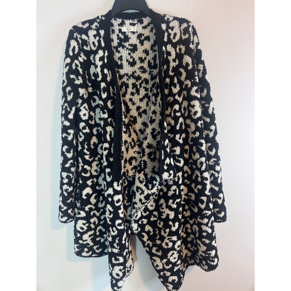 UGG Phoebe Fluffy Sweater Wrap Cardigan Leopard Print Black White 1105389 M